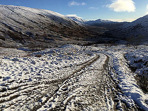 Glen Finglas loop. Ice and hard snow starting to appear