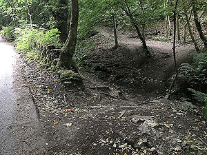 Dumyat hill run. The last hole in the wall before the road bends round at a 90 degree angle.  Small crossign over the burn.
