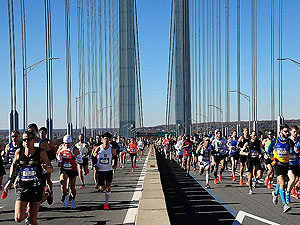 NYC Marathon. Runners crossing the bridge on both sides