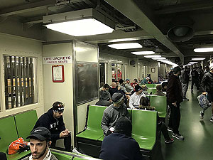 NYC Marathon. The happy lot on the ferry.  The nerves are starting to show at this stage and can be difficult to get anyone to speak.