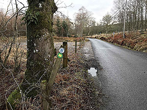 Killin - Lochan Breaclaich. The Rob Roy way marker on the main road pointing the way